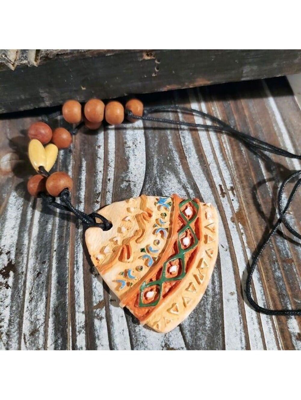 Artisan Rounded Triangle Unglazed Clay Peachy Tan Multi OOAK Pendant Necklace